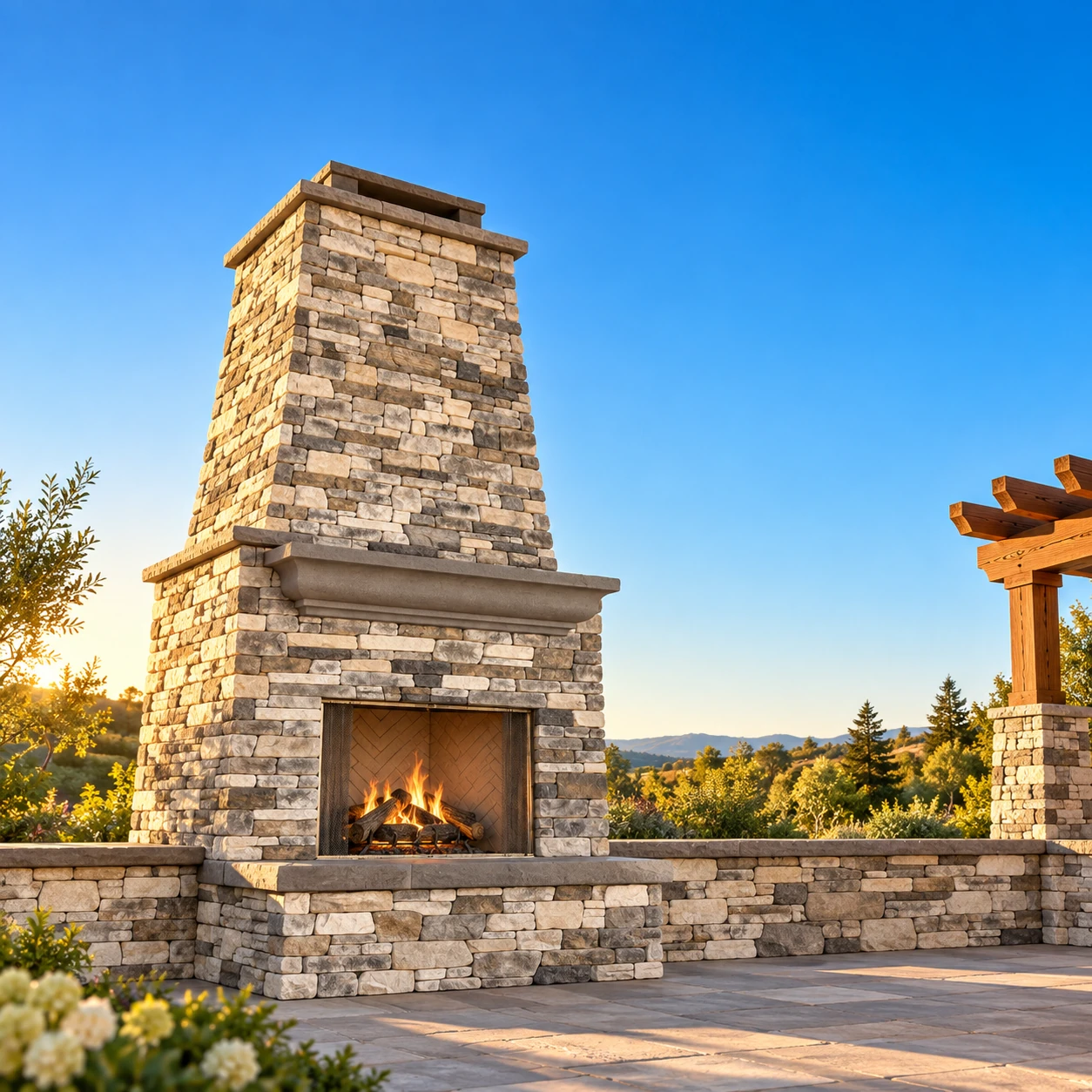 Outdoor masonry concept inspired by Alano’s materials: a stone fireplace and warm timber pergola