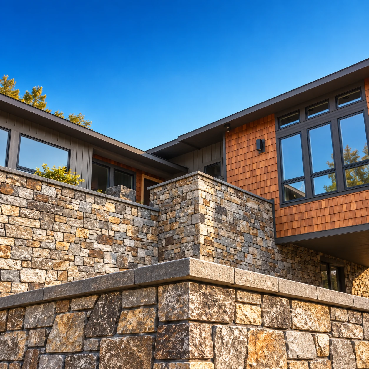 Architectural masonry concept inspired by Alano’s stonework: warm stone walls and cedar siding